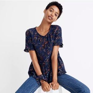 Madewell Silk Stanza Ruffle-Hem Top in Moonless Floral